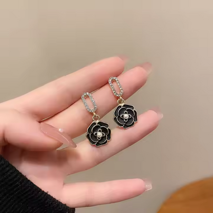 Flower Drop Bling Earrings Black