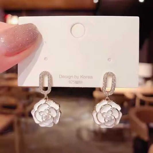 Flower Drop Bling Earrings White