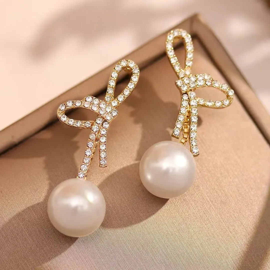 Bling Bow Pearl Drop Earrings