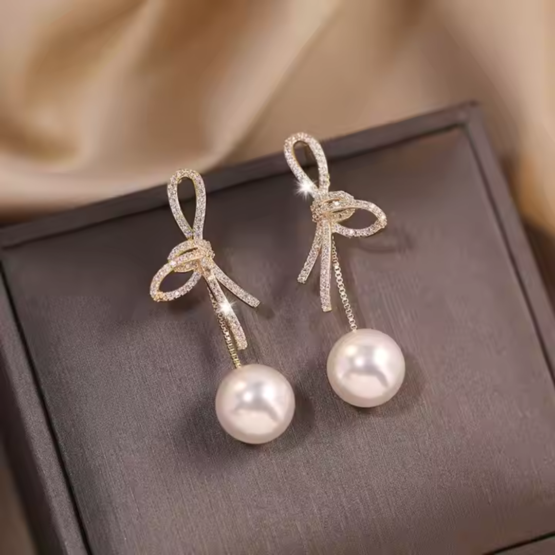 Bling Bow Pearl Drop Earrings