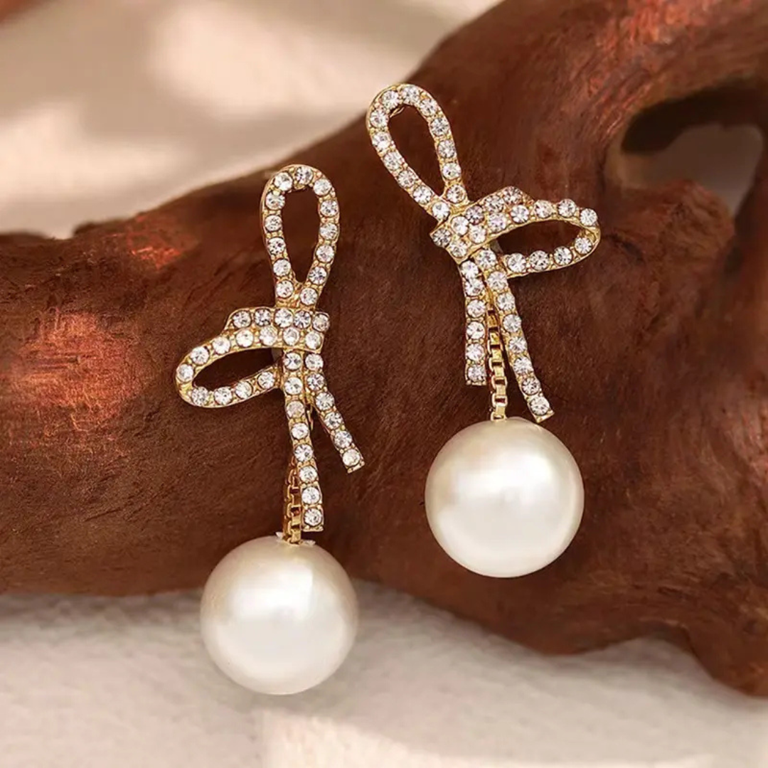 Bling Bow Pearl Drop Earrings