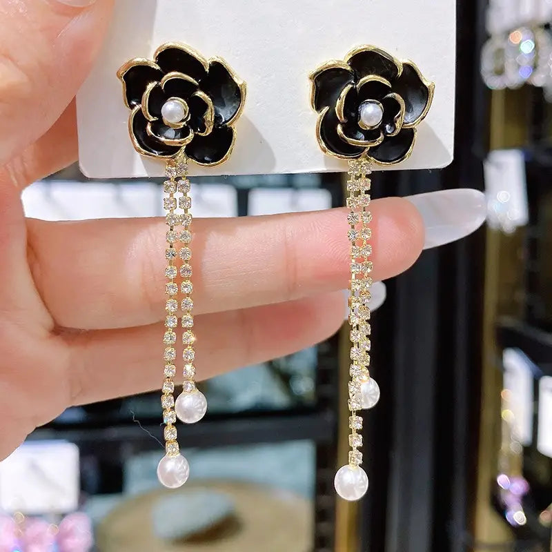 Flower Danglers Earrings Black