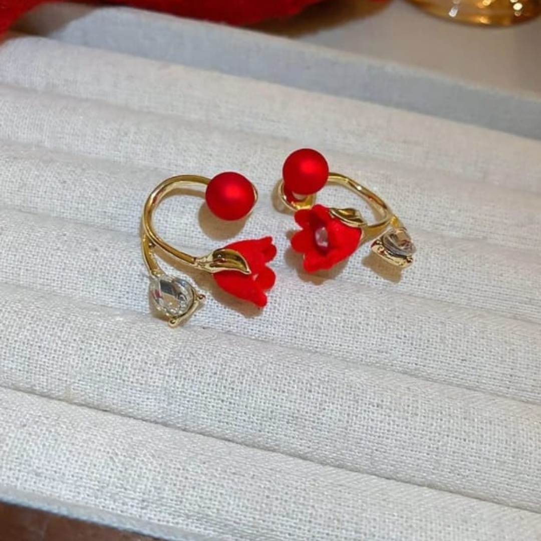 Pearl And Flower Earrings Red