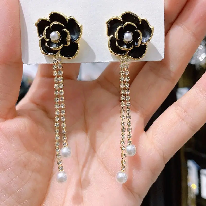 Flower Danglers Earrings Black