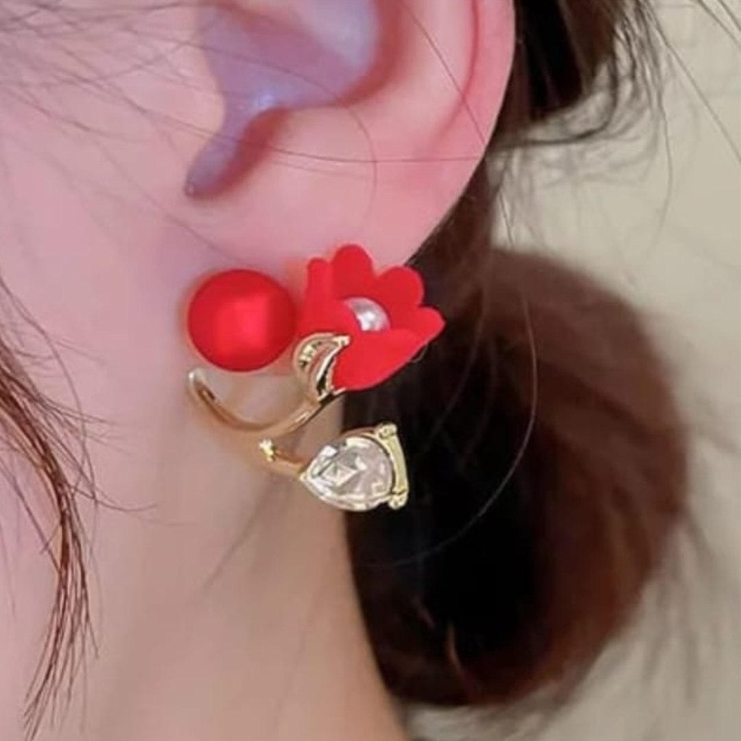 Pearl And Flower Earrings Red