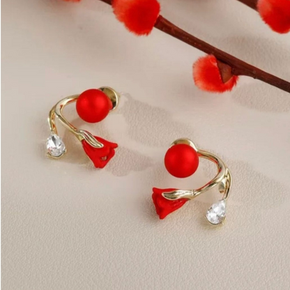 Pearl And Flower Earrings Red