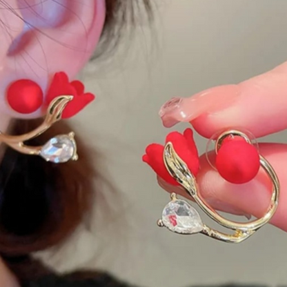 Pearl And Flower Earrings Red